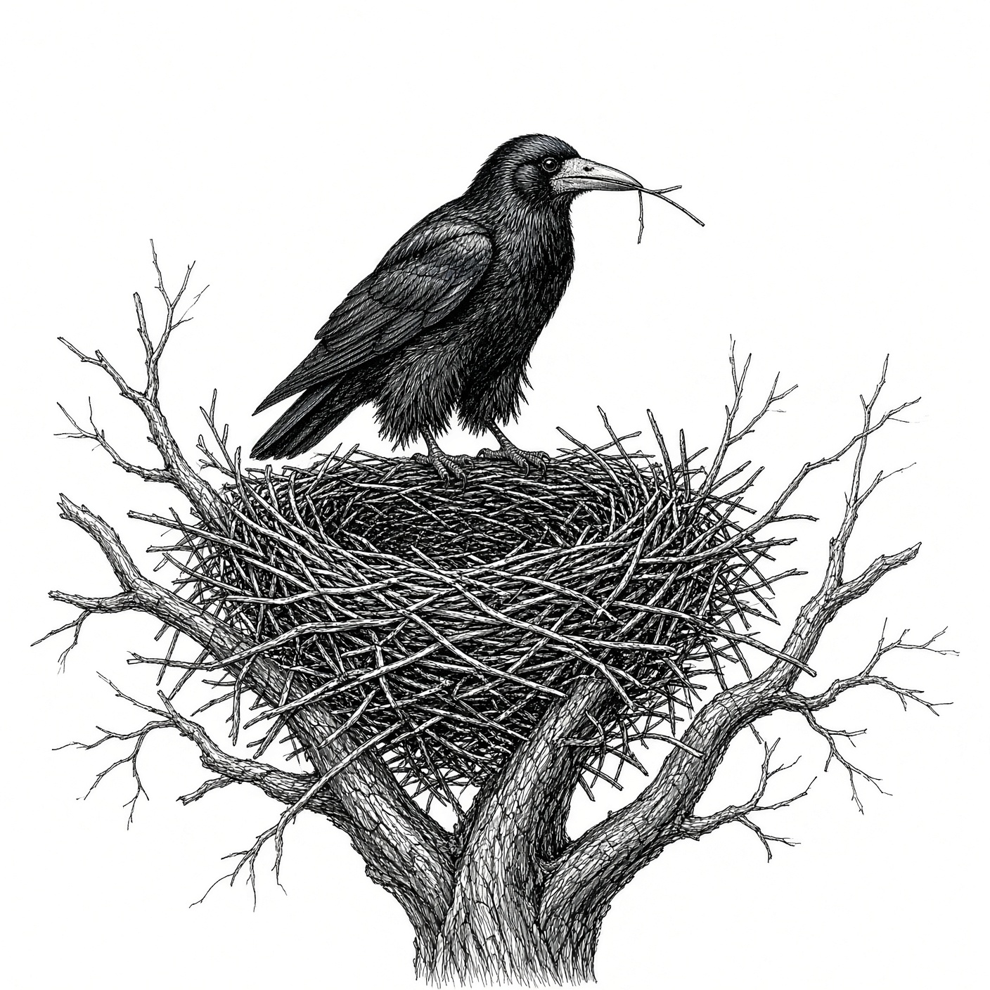 An engraved rook placing a twig on its stick nest