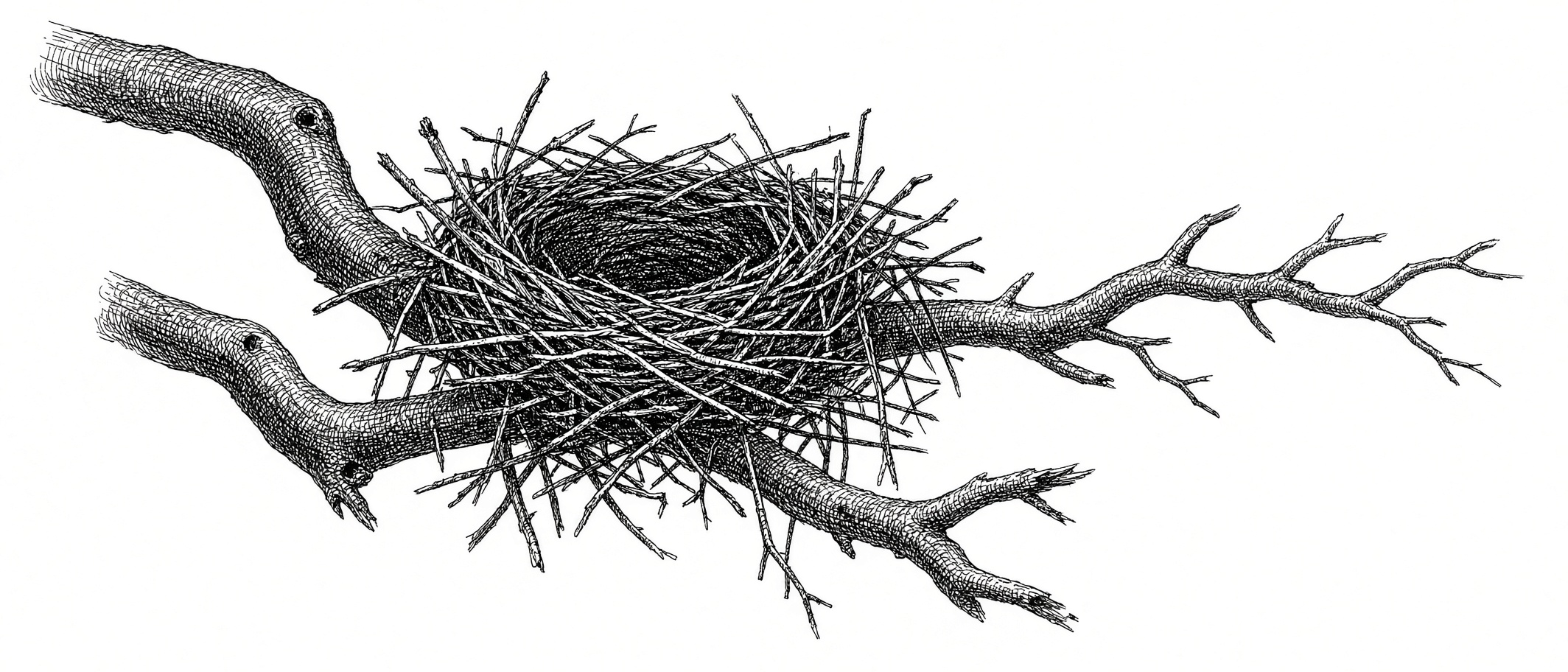 An engraved rook's nest built into a horizontal branch